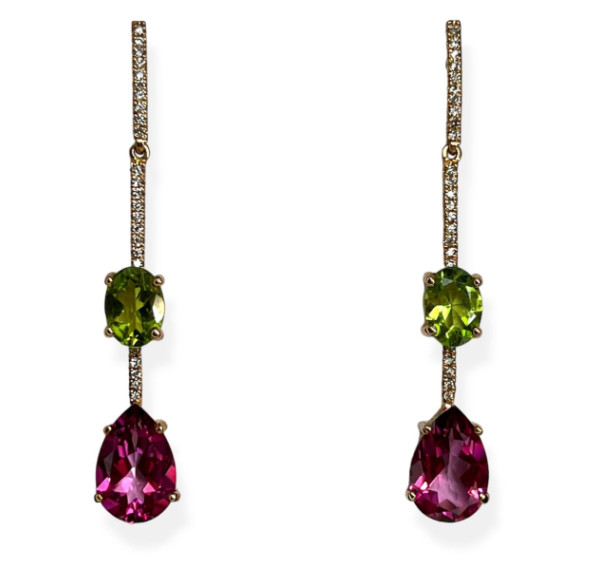 Pendientes desmontables de oro rosa con Topacio  Rosa, Peridoto y diamantes