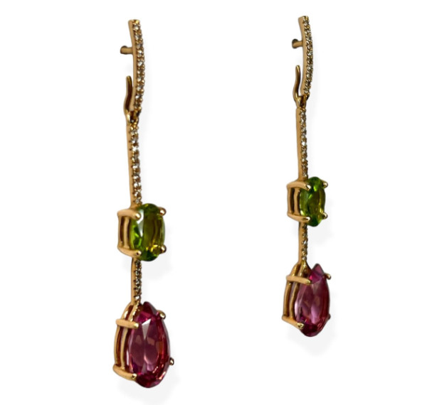 Pendientes desmontables de oro rosa con Topacio  Rosa, Peridoto y diamantes
