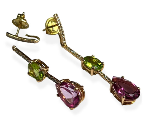 Pendientes desmontables de oro rosa con Topacio  Rosa, Peridoto y diamantes